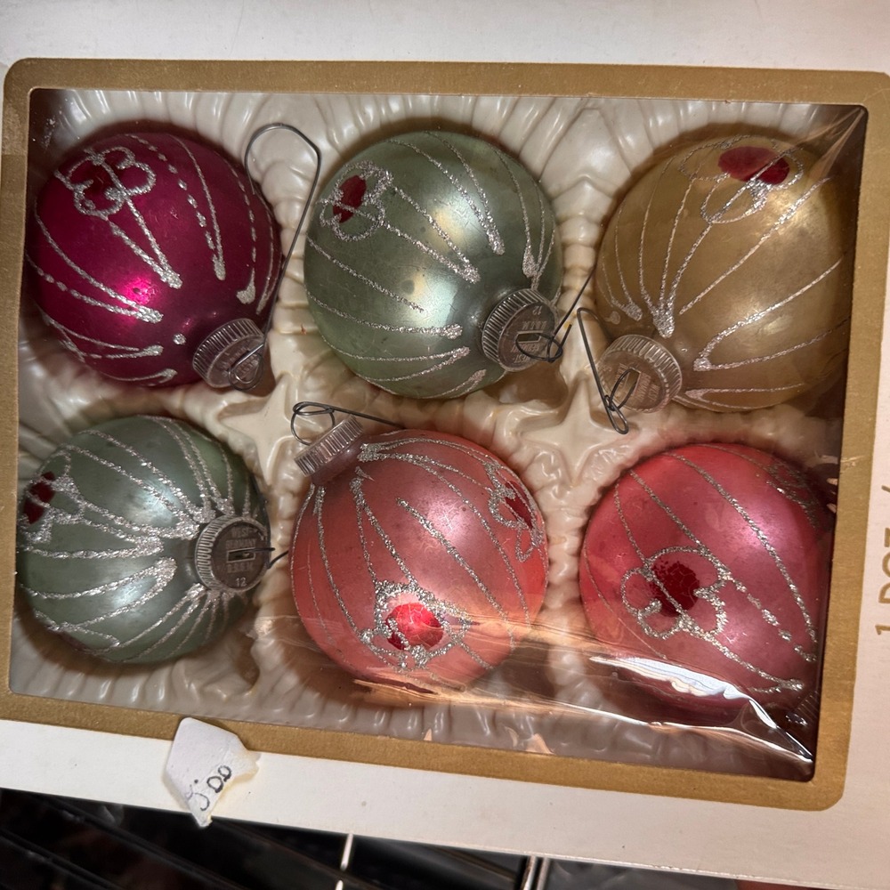 West Germany Glass Ornaments Multicolor Good Vintage Glitter Set of 6